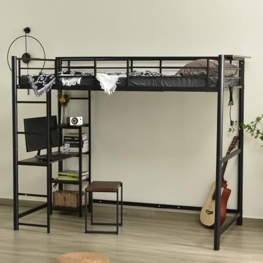 Amazon｜ロフトベッド パイプベッド シングル 木 デスク付き